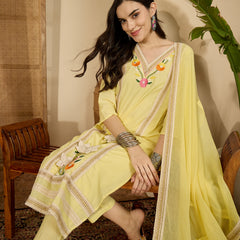 Yellow Floral Embroidered  Straight Kurta With Pant & Dupatta Kurta Set
