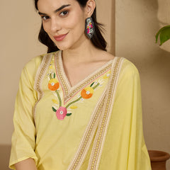 Yellow Floral Embroidered  Straight Kurta With Pant & Dupatta Kurta Set
