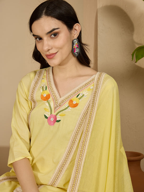 Yellow Floral Embroidered  Straight Kurta With Pant & Dupatta Kurta Set