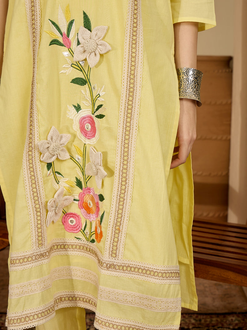 Yellow Floral Embroidered  Straight Kurta With Pant & Dupatta Kurta Set