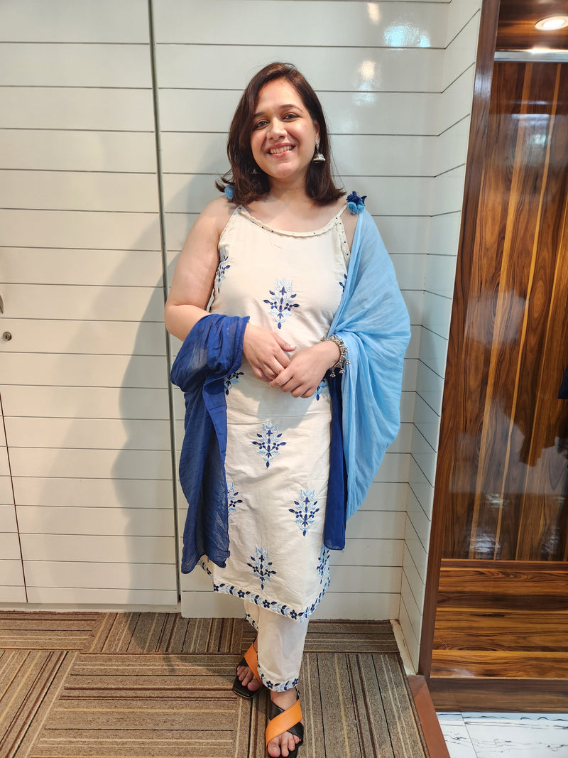 Pure Cotton Shoulder Straps Straight Kurta With Trousers & Dupatta