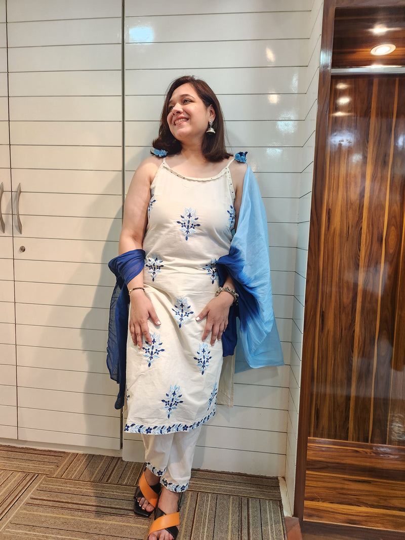Pure Cotton Shoulder Straps Straight Kurta With Trousers & Dupatta
