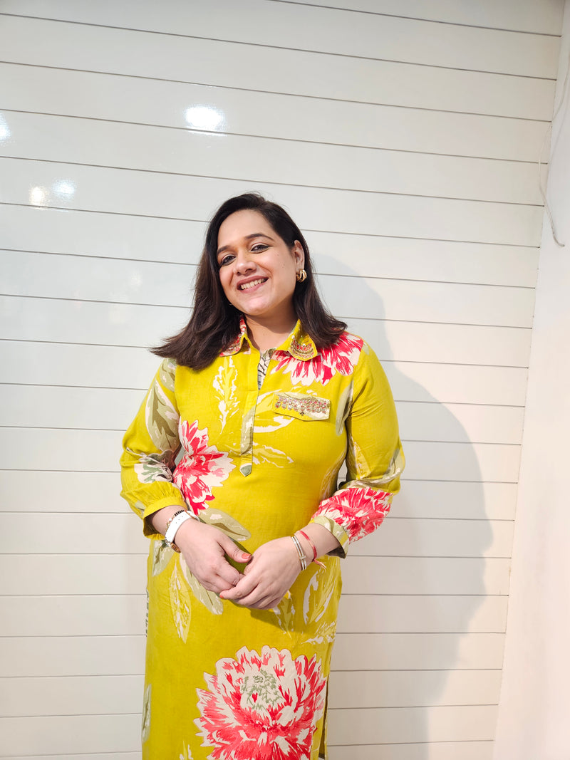 Floral Printed & Mirror Work Pathani Kurta With Trousers Kurta Set