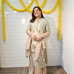 Grey Floral Print Straight Kurta With Sharara And Dupatta Kurta Set