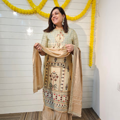 Grey Floral Print Straight Kurta With Sharara And Dupatta Kurta Set