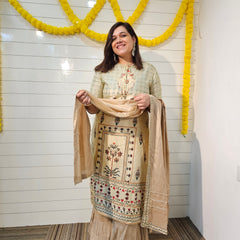 Grey Floral Print Straight Kurta With Sharara And Dupatta Kurta Set