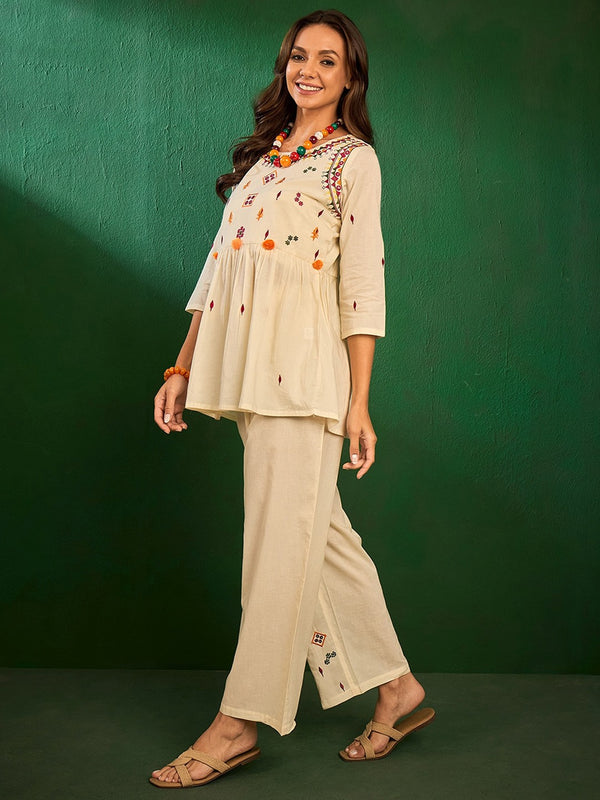 Embroidered Pure Cotton Top With Palazzos Co-Ords