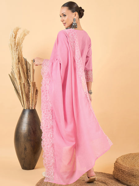 Floral Embroidered Thread Work Pure Cotton Kurta & Trousers With Dupatta