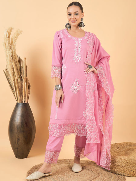 Floral Embroidered Thread Work Pure Cotton Kurta & Trousers With Dupatta