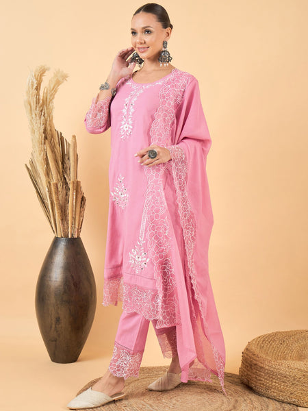 Floral Embroidered Thread Work Pure Cotton Kurta & Trousers With Dupatta