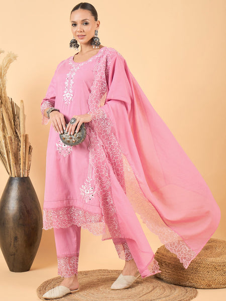 Floral Embroidered Thread Work Pure Cotton Kurta & Trousers With Dupatta