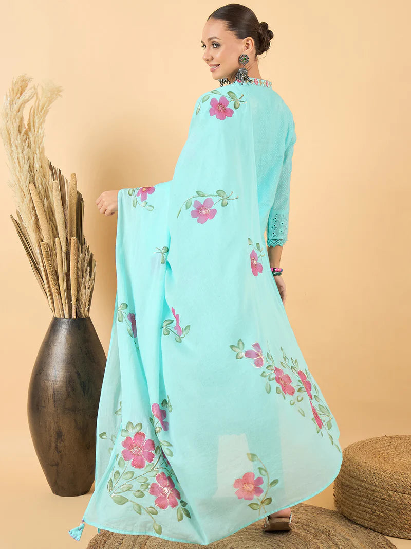 Floral Embroidered Pure Cotton Straight Kurta With Trouser & Dupatta