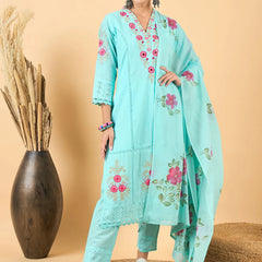 Floral Embroidered Pure Cotton Straight Kurta With Trouser & Dupatta