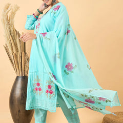 Floral Embroidered Pure Cotton Straight Kurta With Trouser & Dupatta