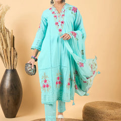 Floral Embroidered Pure Cotton Straight Kurta With Trouser & Dupatta