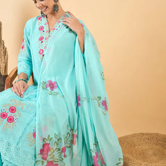 Floral Embroidered Pure Cotton Straight Kurta With Trouser & Dupatta