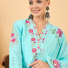 Floral Embroidered Straight Mirror Work Pure Cotton Kurta with Trousers & Dupatta