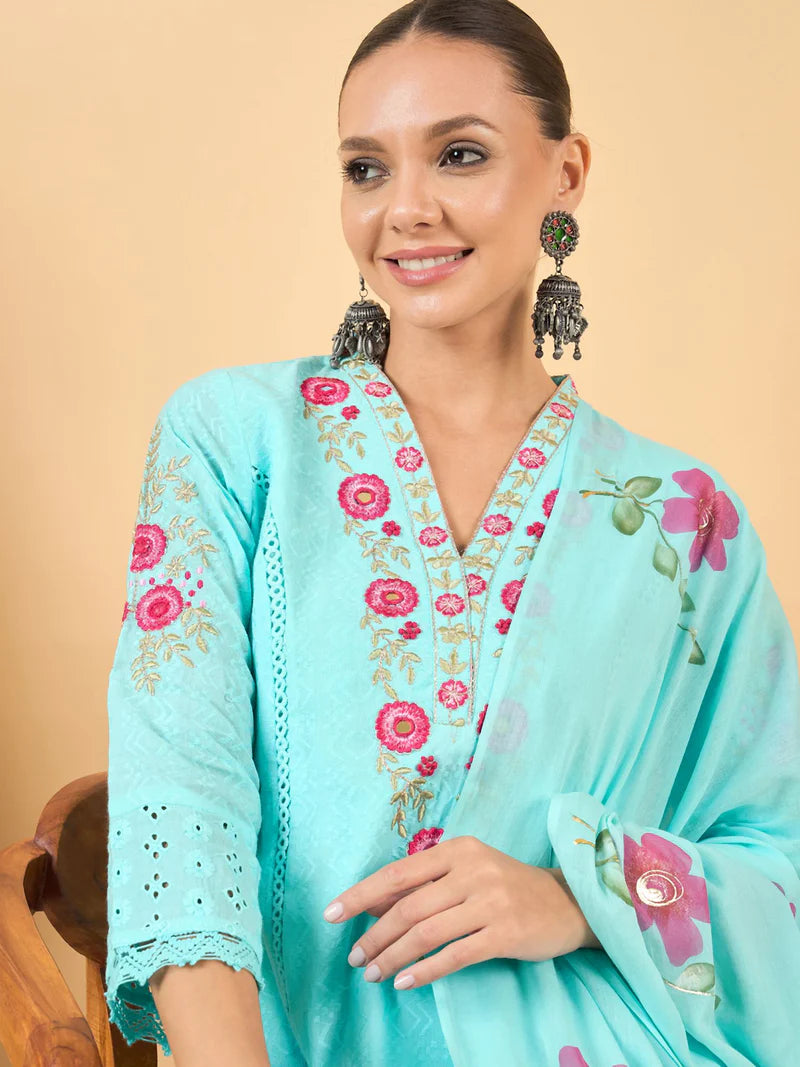 Floral Embroidered Pure Cotton Straight Kurta With Trouser & Dupatta