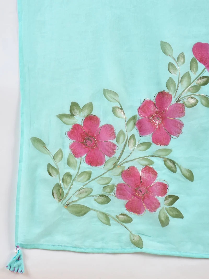 Floral Embroidered Pure Cotton Straight Kurta With Trouser & Dupatta