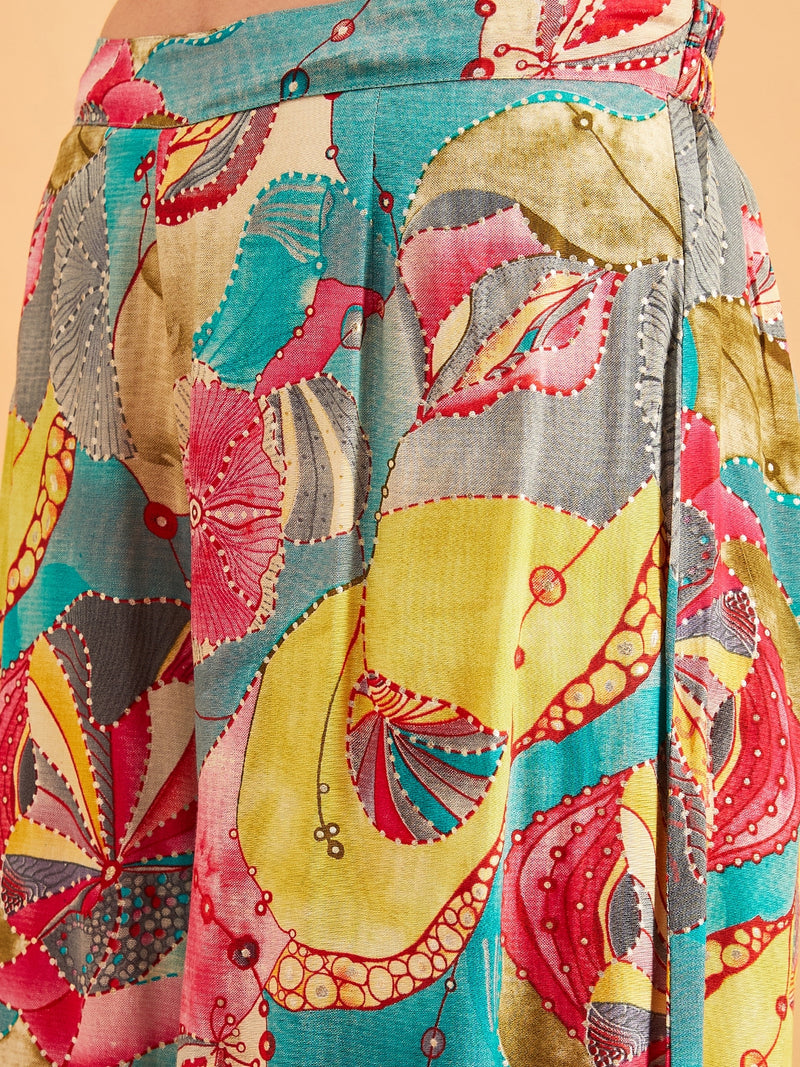 Turquoise Printed V-Neck Top With Palazzo