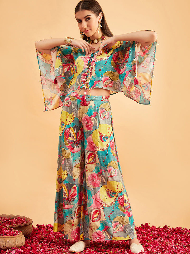 Turquoise Printed V-Neck Top With Palazzo