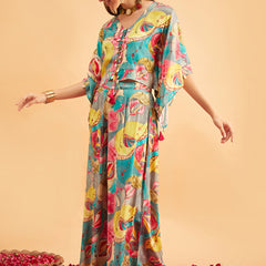 Turquoise Printed V-Neck Top With Palazzo