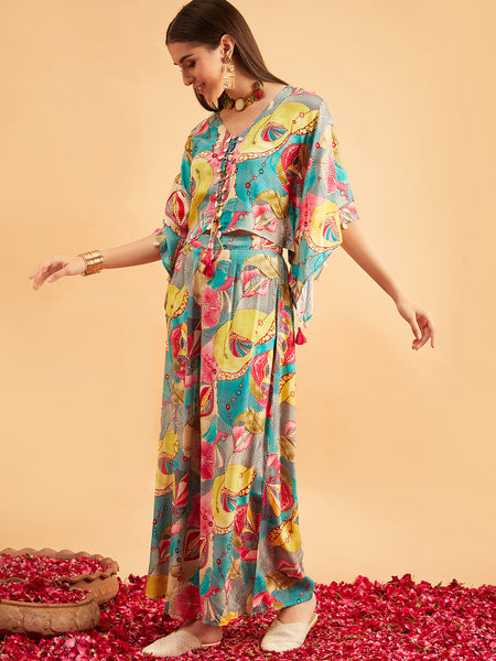 Turquoise Printed V-Neck Top With Palazzo