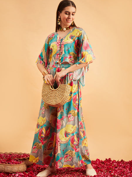 Turquoise Printed V-Neck Top With Palazzo