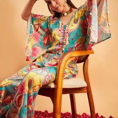 Turquoise Printed V-Neck Top With Palazzo