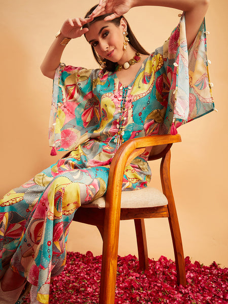 Turquoise Printed V-Neck Top With Palazzo