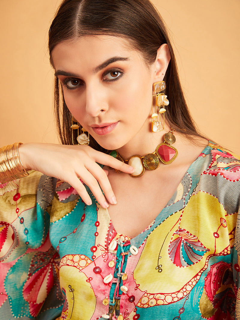 Turquoise Printed V-Neck Top With Palazzo
