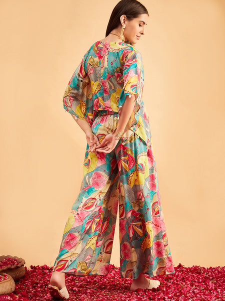 Turquoise Printed V-Neck Top With Palazzo