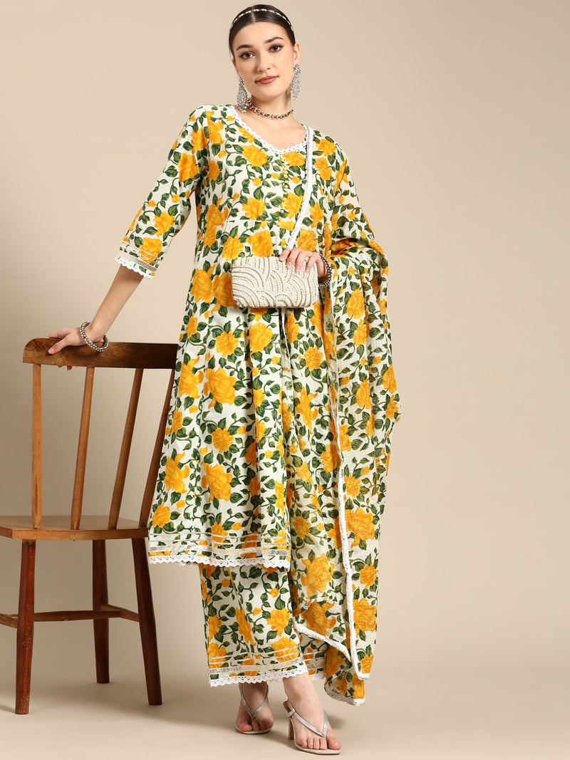 Women Yellow Floral Printed Lace Inserts Pure Cotton Kurta with Sharara & Dupatta