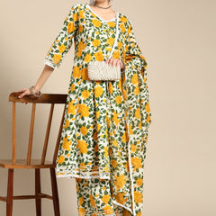 Women Yellow Floral Printed Lace Inserts Pure Cotton Kurta with Sharara & Dupatta