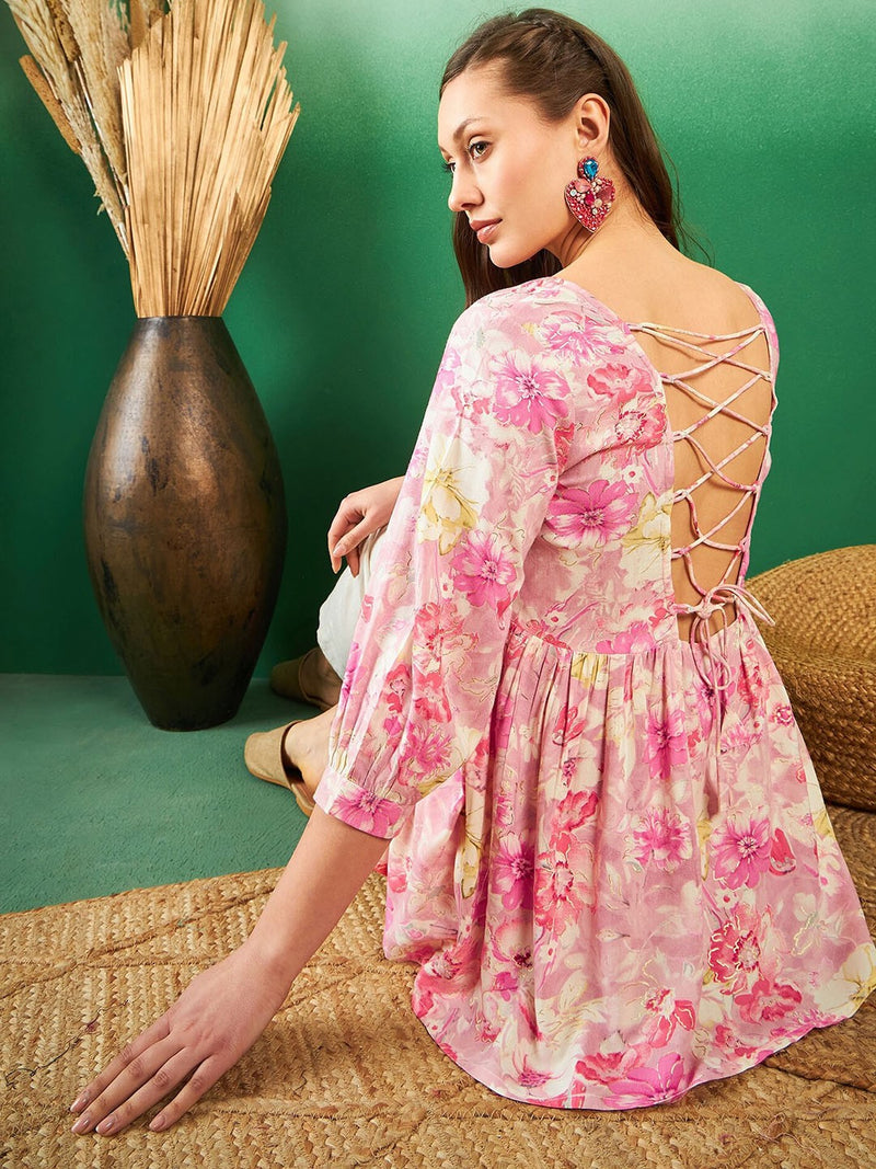 Floral-Printed Pleated Round Neck Kurti
