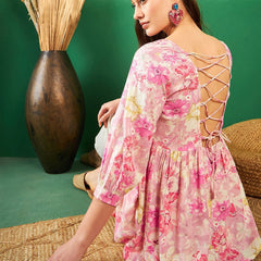 Floral-Printed Pleated Round Neck Kurti