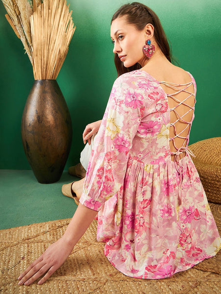 Floral-Printed Pleated Round Neck Kurti