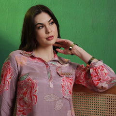 Floral Printed Shirt Collar Mirror Work Pathani Kurta & Trousers