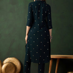 Teal Green Floral Printed V-Neck Straight Kurta With Trousers
