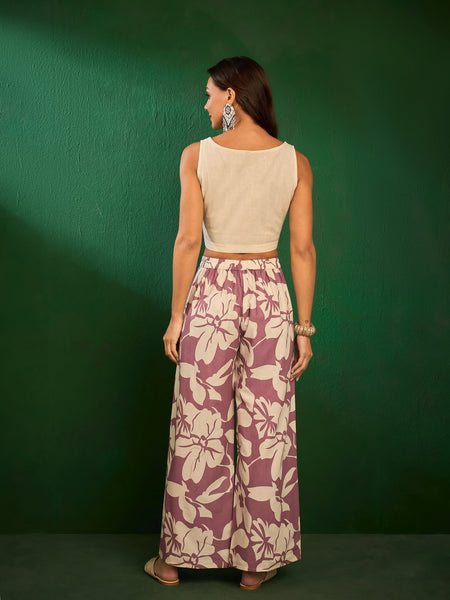 Mauve & Off White Printed Pure Cotton Top with Jacket & Palazzo Co-Ords Set