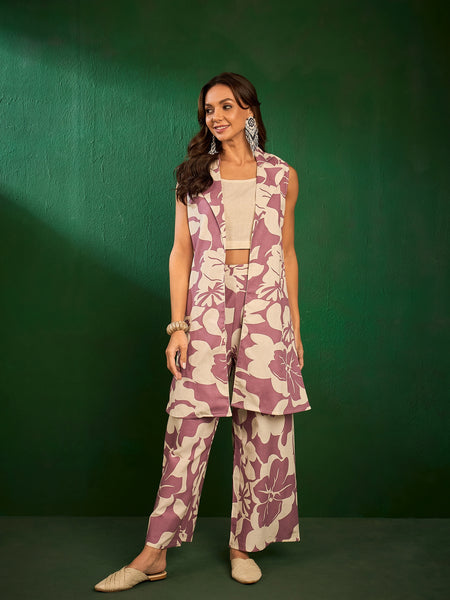 Mauve & Off White Printed Pure Cotton Top with Jacket & Palazzo Co-Ords Set