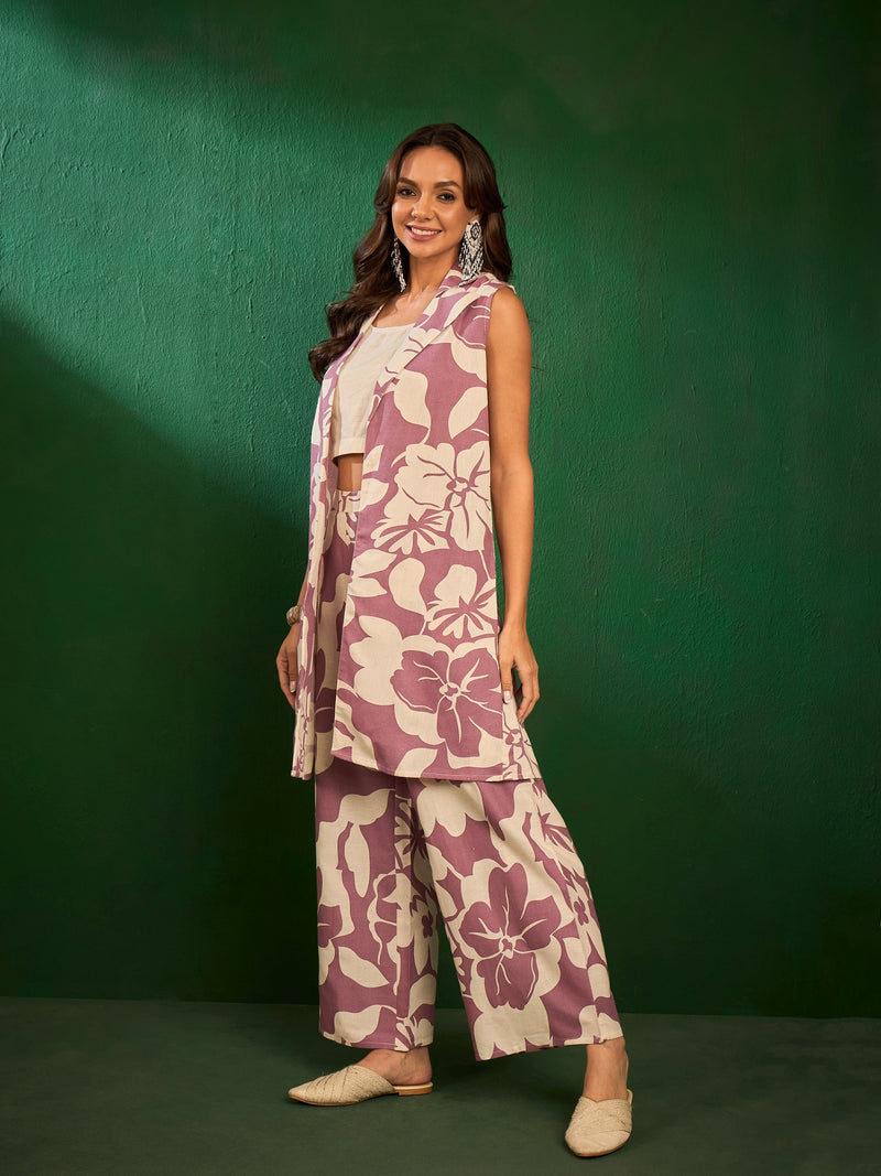 Printed Pure Cotton Top with Jacket & Palazzo Co-Ords Set