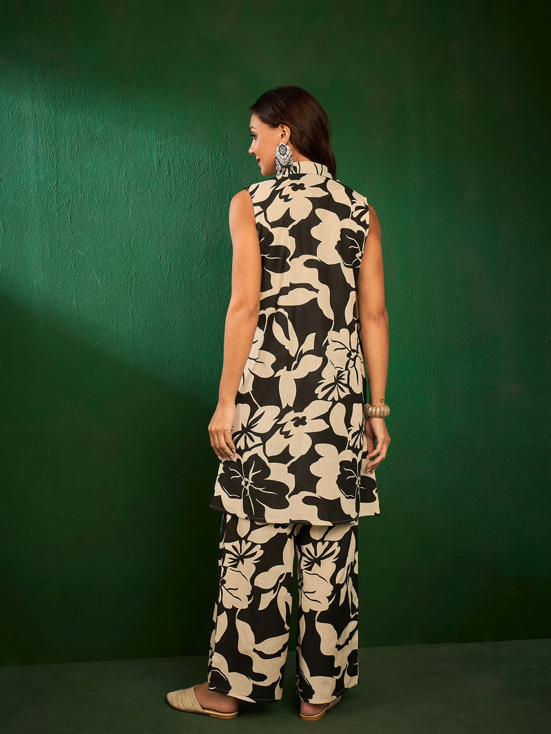 Printed Pure Cotton Top with Jacket & Palazzo Co-Ords Set