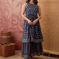Ethnic Motifs Print Sleevless A-Line Kurta with Sharara & Dupatta Kurta Set