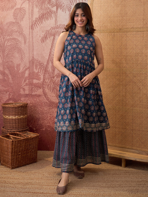Ethnic Motifs Print Sleevless A-Line Kurta with Sharara & Dupatta Kurta Set