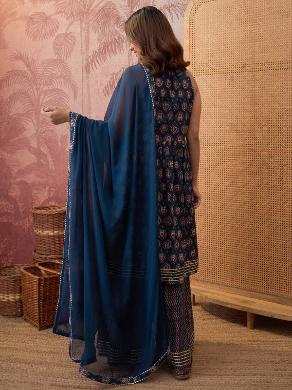 Ethnic Motifs Print Sleevless A-Line Kurta with Sharara & Dupatta Kurta Set