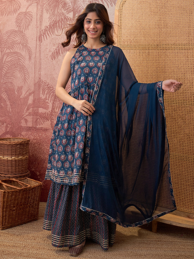 Ethnic Motifs Print Sleevless A-Line Kurta with Sharara & Dupatta Kurta Set
