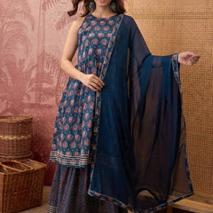 Ethnic Motifs Print Sleevless A-Line Kurta with Sharara & Dupatta Kurta Set