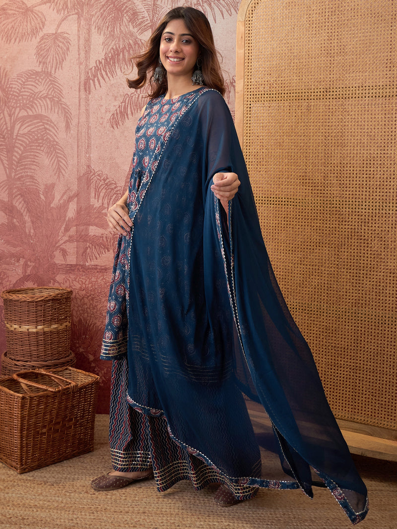 Ethnic Motifs Print Sleevless A-Line Kurta with Sharara & Dupatta Kurta Set