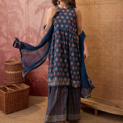 Ethnic Motifs Print Sleevless A-Line Kurta with Sharara & Dupatta Kurta Set